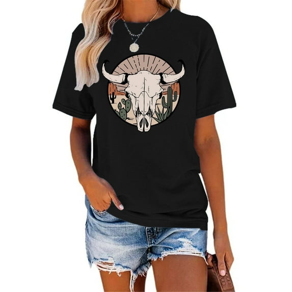 XCHQRTI Western Shirts Women Graphic Tees Casual Cowboy Rodeo Tshirts Desert Cactus Vintage Short Sleeve Tee Tops