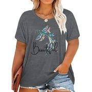 XCHQRTI Women Dragonfly Print Tshirt Plus Size Short Sleeves Graphic Prints Lasual Loose Tee tops