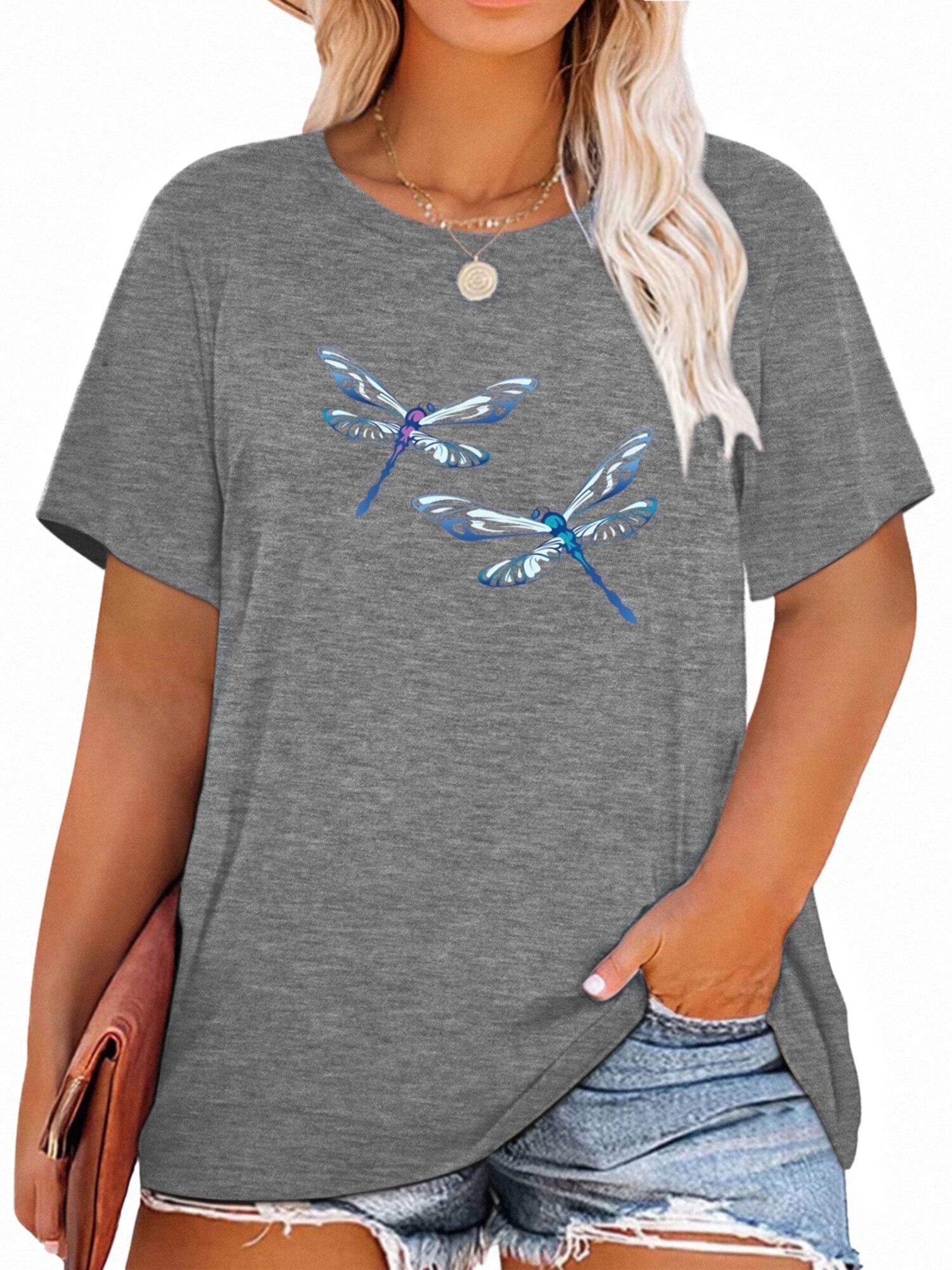 XCHQRTI Women Dragonfly Tshirt Plus Size Short Sleeves Graphic Casual Loose Tee Tops