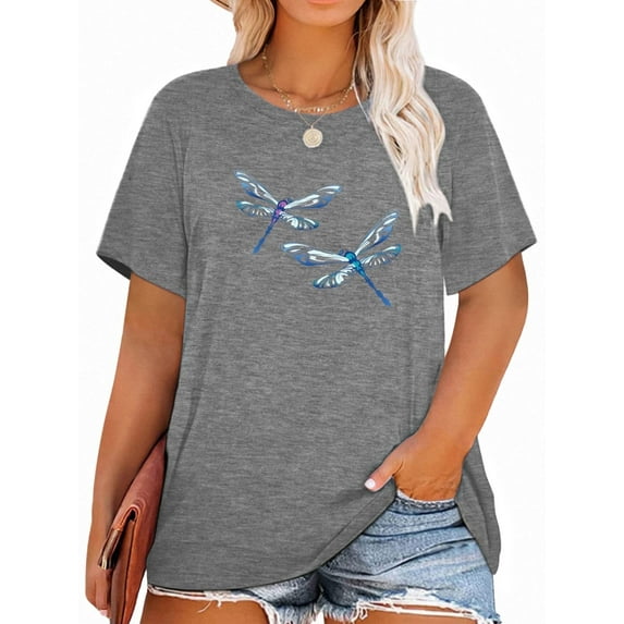 XCHQRTI Women Dragonfly Tshirt Plus Size Short Sleeves Graphic Casual Loose Tee Tops