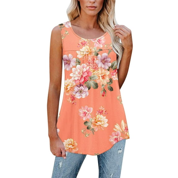 XCHQRTI Women Henley Sleeveless Shirt Flower Printed Hide Belly Blouses Tank Tops