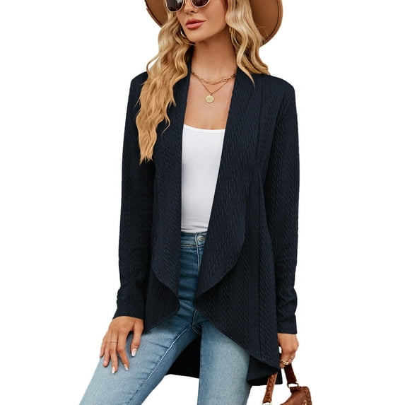 XCHQRTI Women Lapel Solid Color Cardigan Knitting Sweatshirt Open Front Shirt Loose Fit Long Sleeves Trendy Tops