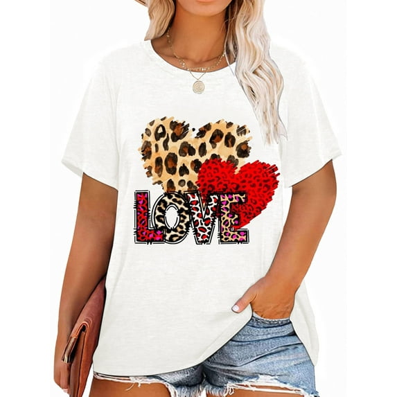 XCHQRTI Women Leopard Heart T-Shirt Plus Size Short Sleeve Graphic Shirt Valentine's Day Top