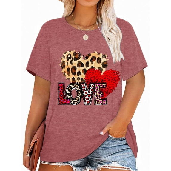 XCHQRTI Women Leopard Heart T-Shirt Plus Size Short Sleeve Graphic Shirt Valentine's Day Top