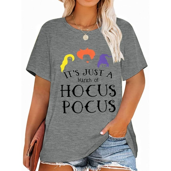 XCHQRTI Women Plus Size Hocus Pocus Shirt Graphic Halloween Casual Letter T-Shirt Short Sleeve Quote Funny Saying Top Tees