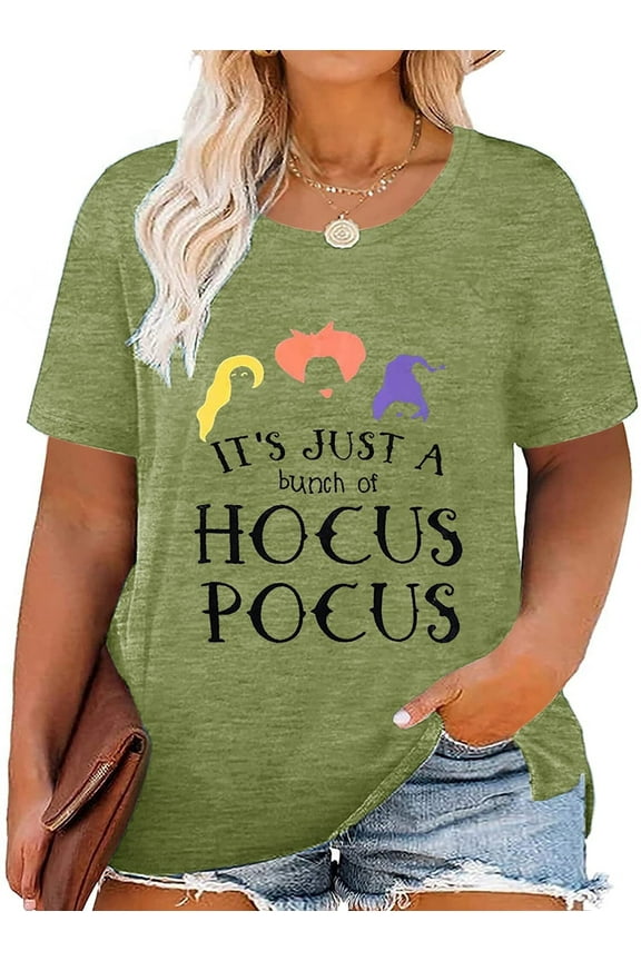 Women Plus Size Hocus Pocus Shirt Graphic Halloween Casual Letter T-Shirt Short Sleeve Quote Funny Saying Top Tees