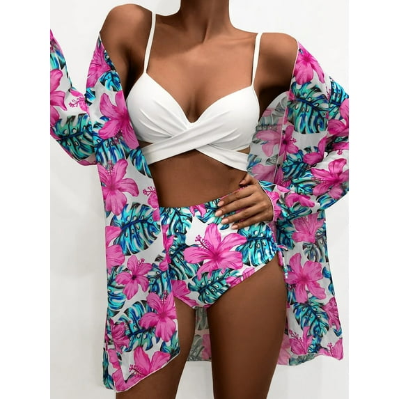 XCHQRTI Women Sexy Bikini Split Swimsuit Push up Sexy Suspender Cross Bundling Bathingsuit Mesh 3 Piece Printed Swimwear