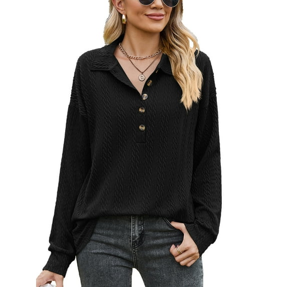 XCHQRTI Women V Neck Blouse Turndown Collar Long Sleeve Shirts with Buttons Fall Clothes Ladies Tops