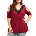 thumbnail image 1 of XCHQRTI Women V Neck Off Cold Shoulder Blouse Top Plus Size Lace T Shirt, 1 of 4