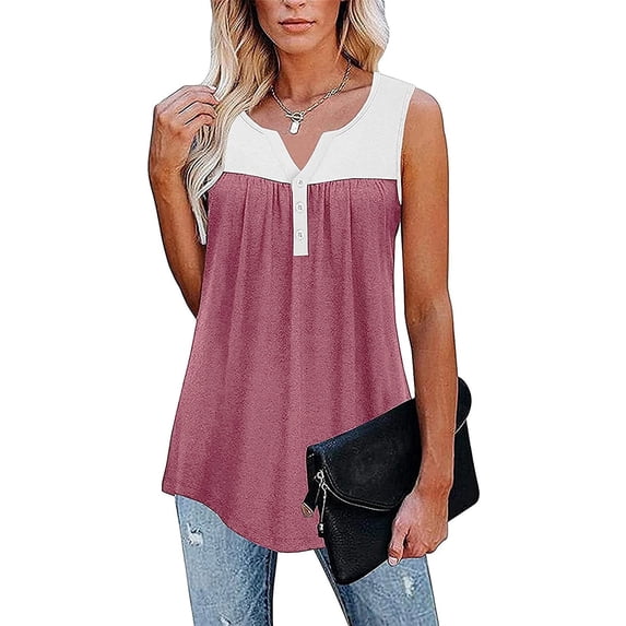XCHQRTI Women V Neck Pleated Tank Top Tunic Button Up Color Block Sleeveless Top Vest