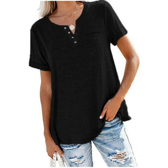 XCHQRTI Women V Neck Pocket T Shirt Casual Loose Short Sleeves Tee Tops