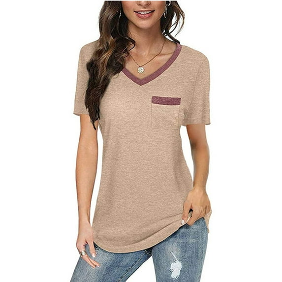 XCHQRTI Women V Neck Pocket T Shirt Casual Loose Short Sleeves Tee Tops