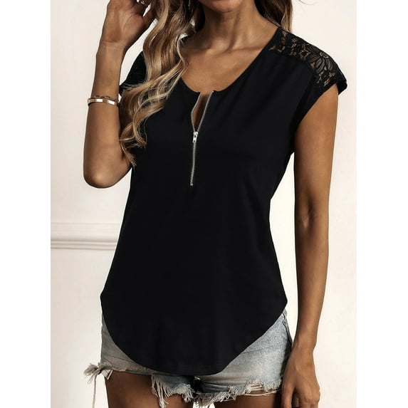 XCHQRTI Women V Neck Zipper Tshirt Summer Short Sleeves Tee Tops