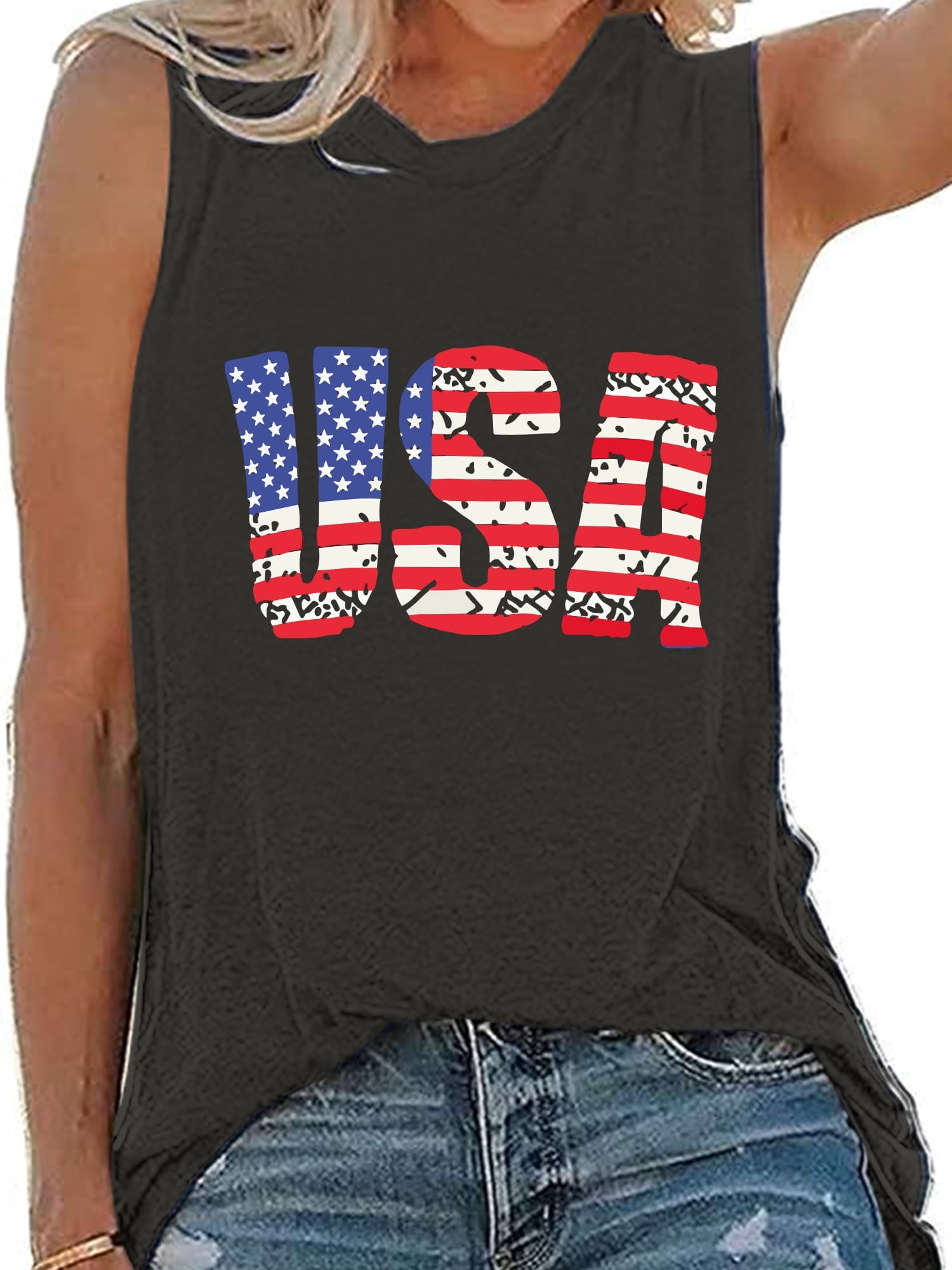 EXMIUN America Flag Tank Top For Women – 4th Of July Patriotic Sleeveless Tee, Size L