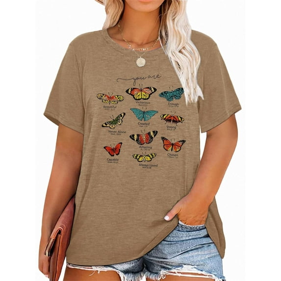 XCHQRTI Women's Butterfly Plus Shirts Casual Loose Oversized Tshirt Short Sleeve Floral Summer Tee