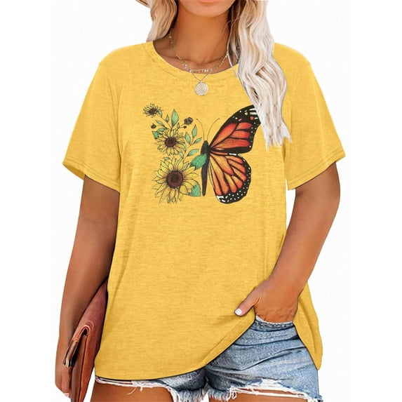 XCHQRTI Women's Butterfly Plus Shirts Casual Loose Oversized Tshirt Short Sleeve Floral Summer Tee