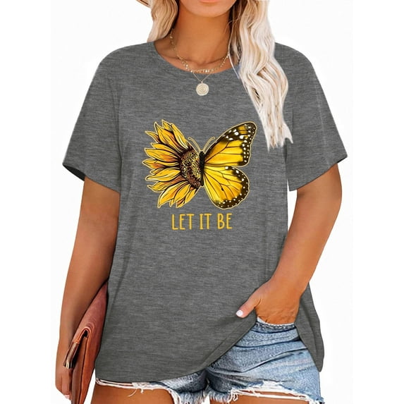 XCHQRTI Women Butterfly Daisy Tshirt Plus Size Shirts Casual Summer Tee