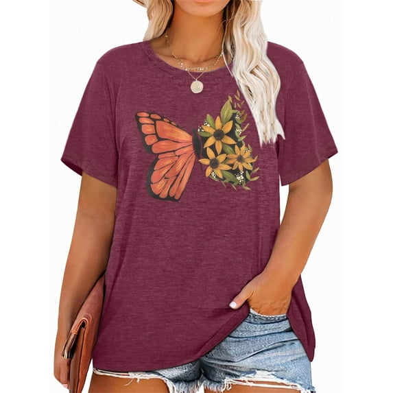 XCHQRTI Women's Butterfly Plus Shirts Casual Loose Oversized Tshirt Short Sleeve Floral Summer Tee