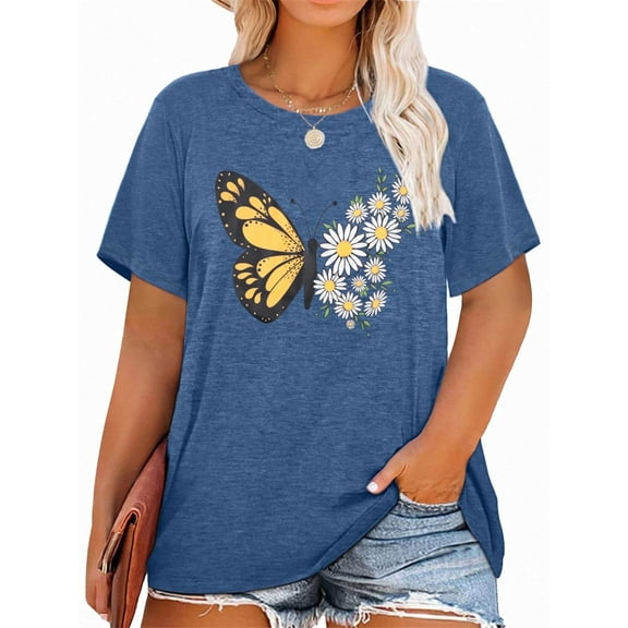 XCHQRTI Women Butterfly Daisy Tshirt Plus Size Shirts Casual Summer Tee