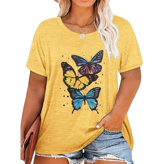 XCHQRTI Women's Butterfly Plus Shirts Casual Loose Oversized Tshirt Short Sleeve Floral Summer Tee