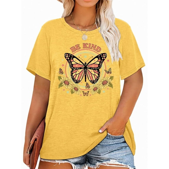 XCHQRTI Women's Butterfly Plus Shirts Casual Loose Oversized Tshirt Short Sleeve Floral Summer Tee