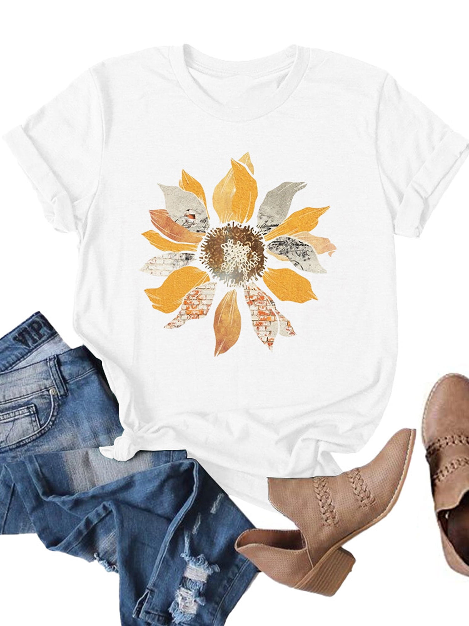 Flower & Letter Graphic Round Neck Short Sleeve T-Shirt main image 0
