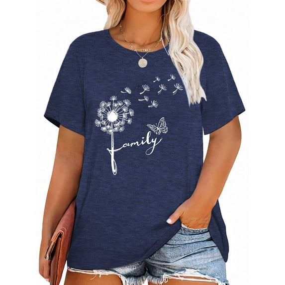 XCHQRTI Women's Dragonfly Tee Shirts Plus Size Graphic Tshirts Flower Oversized Tops with Dragonflies Short Sleeve