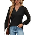 thumbnail image 1 of Anbech Women's Lace Splicing Blouse V Neck Shirt Splice Long Sleeve Loose Casual Solid Color Tops, 1 of 8