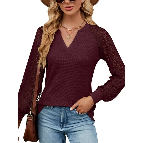 Anbech Women's Lace Splicing Blouse V Neck Shirt Splice Long Sleeve Loose Casual Solid Color Tops