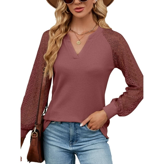 Anbech Women's Lace Splicing Blouse V Neck Shirt Splice Long Sleeve Loose Casual Solid Color Tops