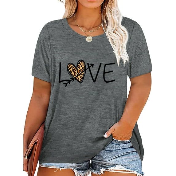 XCHQRTI Women's Love Heart T Shirts Leopard Printed Valentine's Day Tees Plus Size Short Sleeve T-shirt Tops