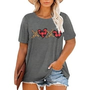 XCHQRTI Women's Love Heart T Shirts Leopard Printed Valentine's Day Tees Plus Size Short Sleeve T-shirt Tops