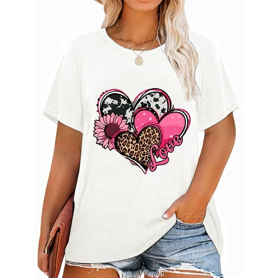 XCHQRTI Women's Love Heart T Shirts Leopard Printed Valentine's Day Tees Short Sleeve Plus Size Tops