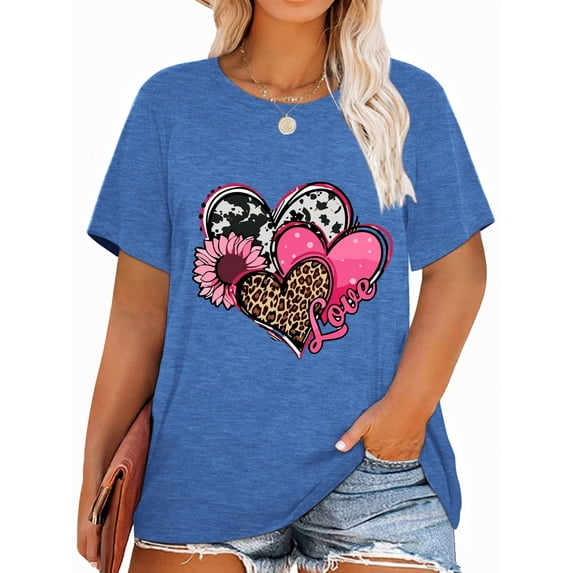 XCHQRTI Women's Love Heart T Shirts Leopard Printed Valentine's Day Tees Short Sleeve Plus Size Tops