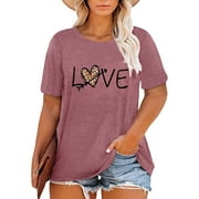 XCHQRTI Women's Love Heart T Shirts Leopard Printed Valentine's Day Tees Short Sleeve Plus Size Tops