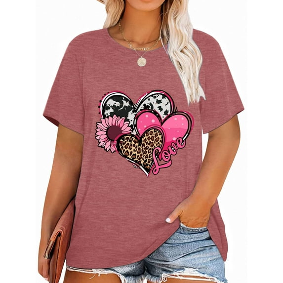 XCHQRTI Women's Love Heart T Shirts Leopard Printed Valentine's Day Tees Short Sleeve Plus Size Tops