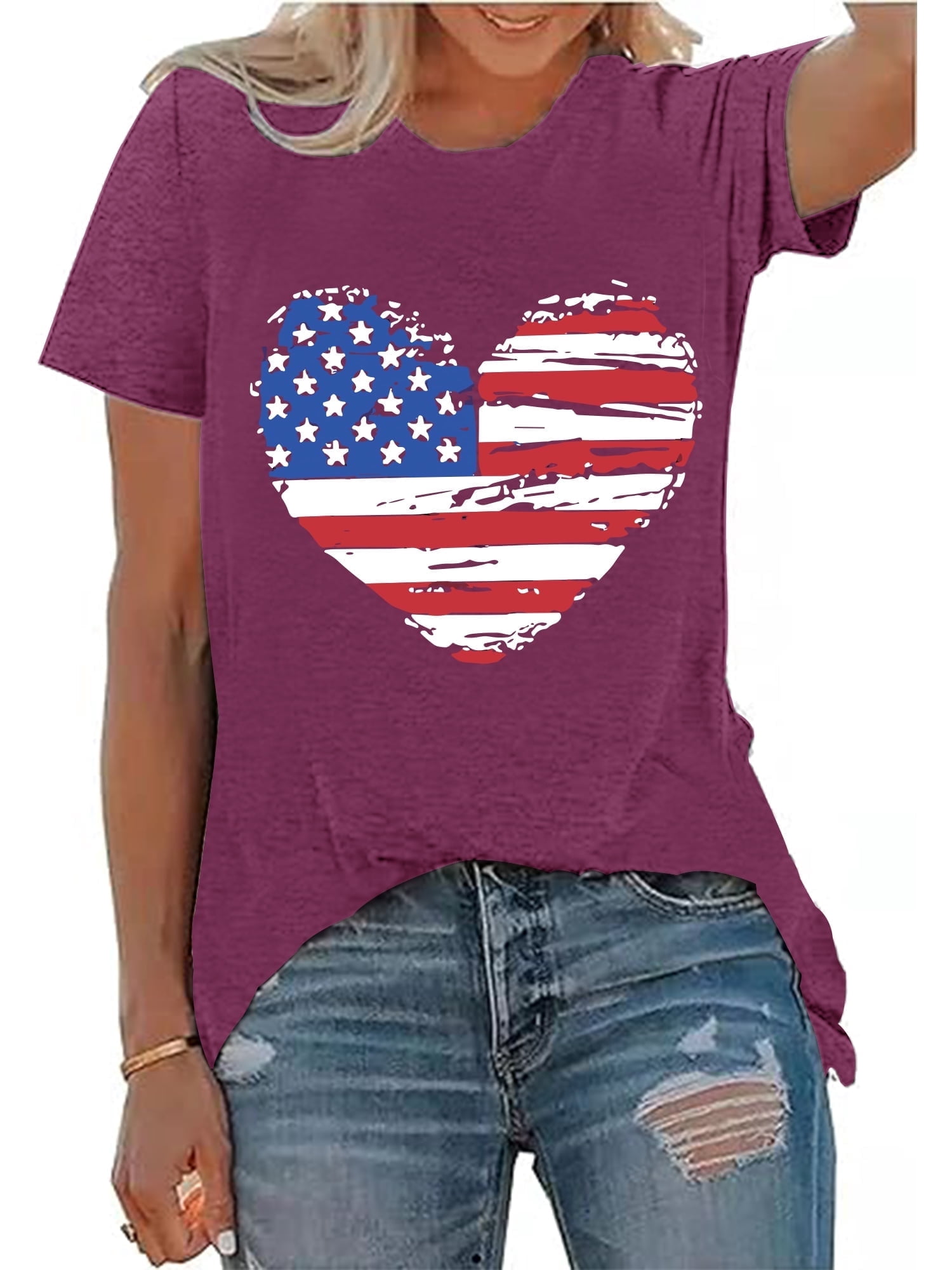 Women's USA Flag Off Shoulder Top - Patriotic Tee For 4th Of July, Distressed Star & Stripes Design