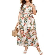 XCHQRTI Women's Plus Size Boho Dress Belted Layered Summer Chiffon V Neck Dresses