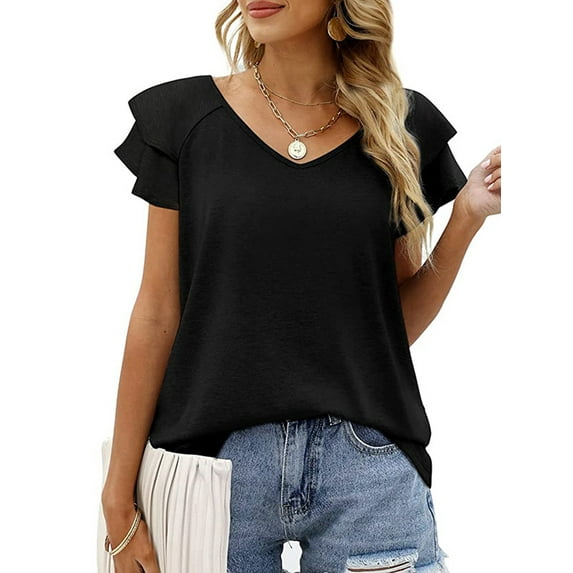 XCHQRTI Women's Ruffle Sleeve Shirts V Neck Flutter Short Sleeve Tunic Blouse Hollow Casual Top