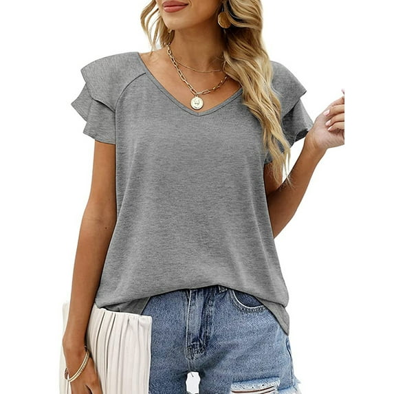 XCHQRTI Women's Ruffle Sleeve Shirts V Neck Flutter Short Sleeve Tunic Blouse Hollow Casual Top