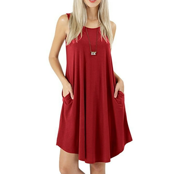 XCHQRTI Women's Sleeveless Swing Dress with Pockets Casual Loose Plain Pleated Beach Floral Boho Tank Dress