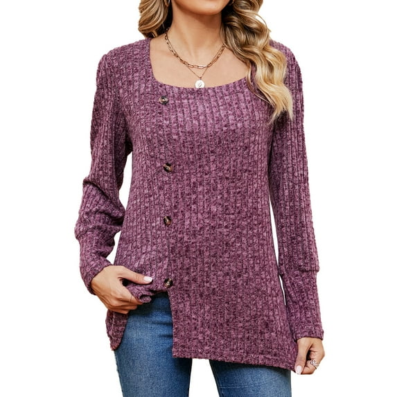 XCHQRTI Women's Square Neck Blouse Pit Strip Long Sleeve Shirts Ruffled Sleeves with Buttons Ladies Fall Tops