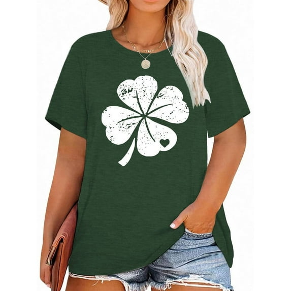 XCHQRTI Women's St. Patrick's Day Plus T Shirt Lucky Clover Graphic Tee Casual Green Tops