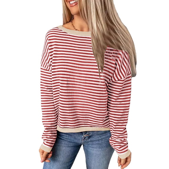 XCHQRTI Women's Striped Long Sleeve Tops Drop Shoulder Color Block Shirts Lightweight Pullover