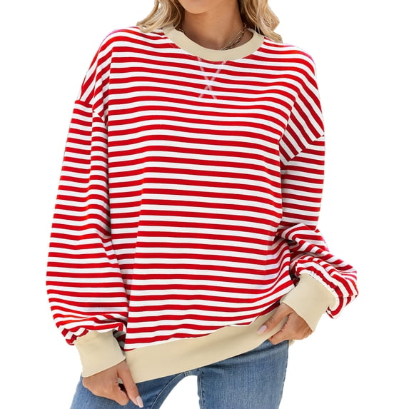 XCHQRTI Women's Striped Oversized Sweatshirt Color Block Pullover Y2K Casual Shirt Top