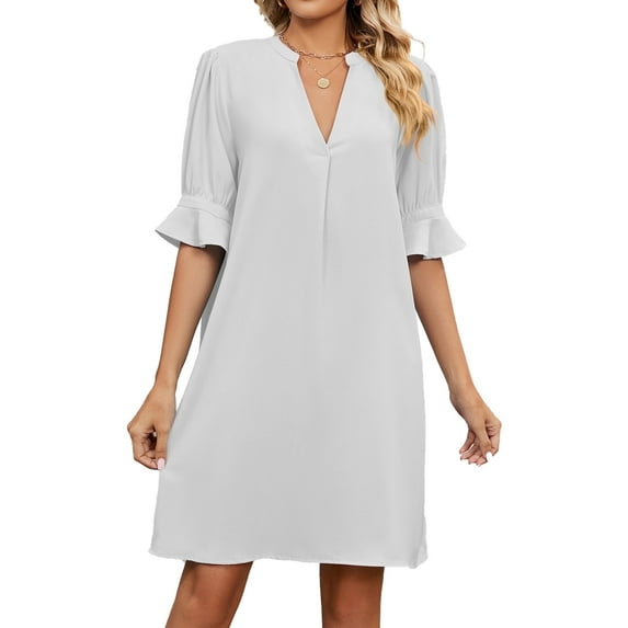 XCHQRTI Women's V Neck Dress Ruffle Sleeves Short Sleeves Dress Tighten Waist Solid Color Dress