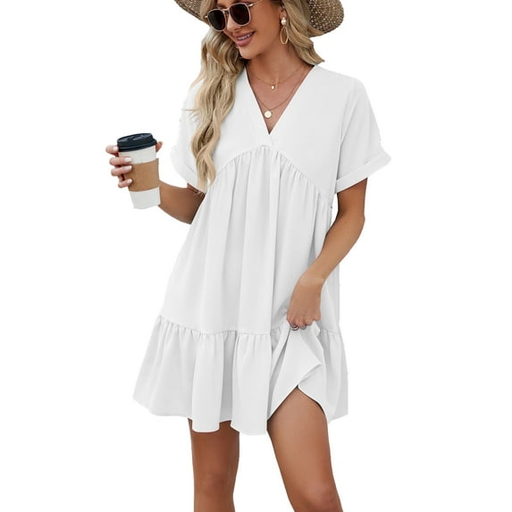 XCHQRTI Women's V Neck Dress Ruffle Sleeves Short Sleeves Dress Tighten Waist Solid Color Dress