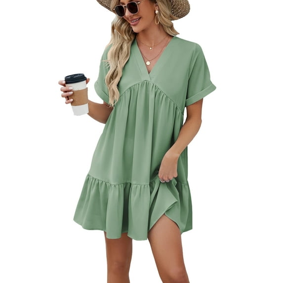 XCHQRTI Women's V Neck Dress Ruffle Sleeves Short Sleeves Dress Tighten Waist Solid Color Dress