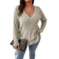 thumbnail image 1 of XCHQRTI Women's V Neck Plus Size Ribbed Pullover Long Sleeve Tunic Casual Tops, 1 of 8