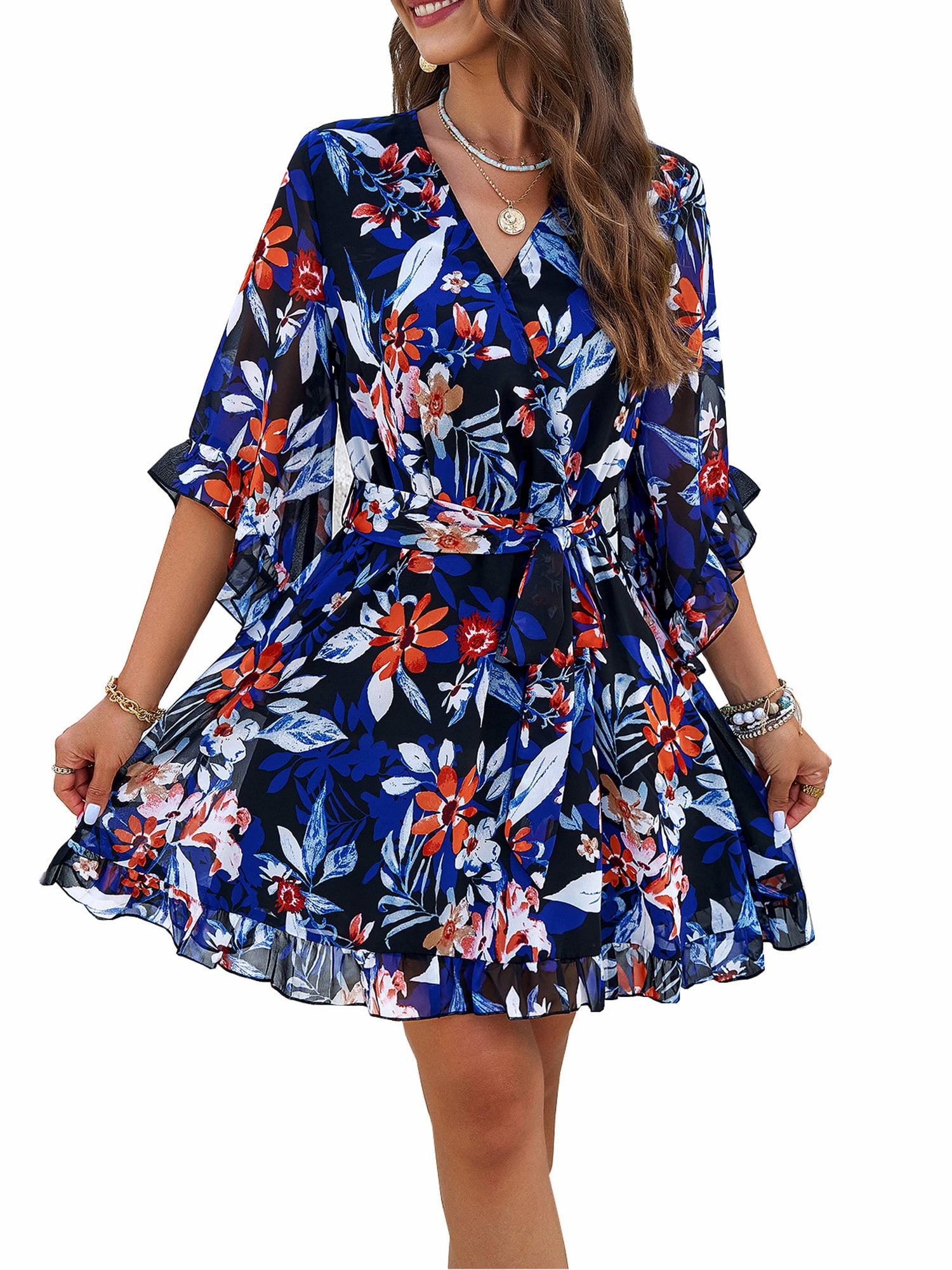 XCHQRTI Women's V Neck Wrap Mini Dress Floral Flowy Ruffle 3/4 Horn — free download